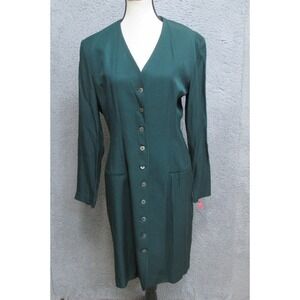 VINTAGE Dani Max 90s Dress Womens 8 Green Button Front Long Sleeve Made in USA